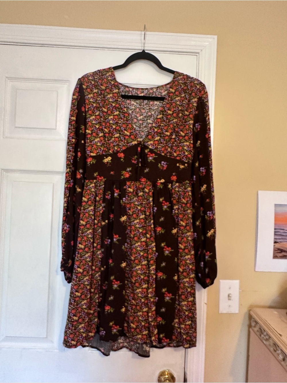 Floral Long-Sleeve Brown Babydoll Dress